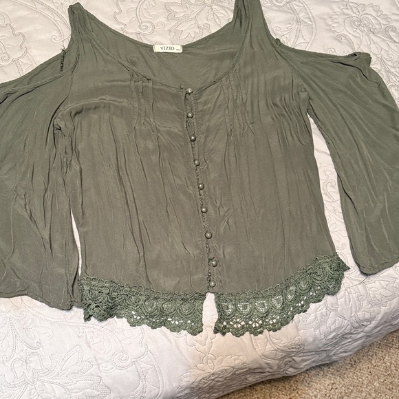 Vizio Tops - Vizio Olive Cold Shoulder Blouse with Lace Hem